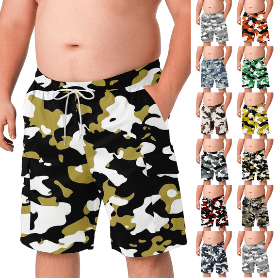 Men’s Camo Cargo Shorts Elastic Waist Drawstring Cotton Big & Tall Relaxed Fit Casual Summer Work Shorts with Pockets Black 5XL