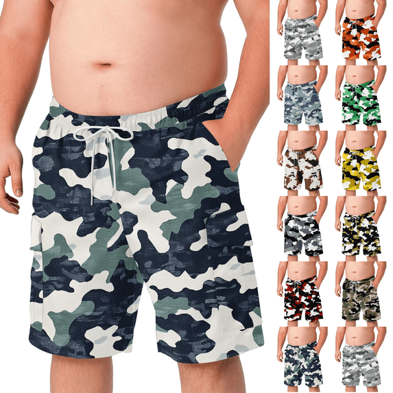 Men’s Camo Cargo Shorts Elastic Waist Drawstring Cotton Big & Tall Relaxed Fit Casual Summer Work Shorts with Pockets Blue 8XL