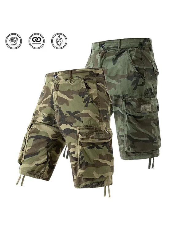 Men's Camo Cargo Shorts, Military Camouflage Multi Pocket Casual Outdoor Tactical Shorts with Drawstring Cuffs