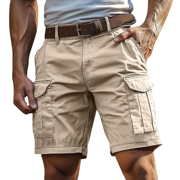 Men's Camo Cargo Shorts with Multi-Pocket Elastic Waistband Short Pants Drawstring Ripstop Straight Leg Camo Cargo Short Casual Relaxed Fit Wild Outdoor Work Beach Shorts,Beige M