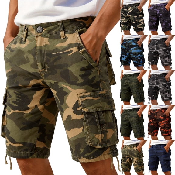 Men's Camo Cargo Shorts with Multiple Pockets and Soft Cotton Fabric Featuring Relaxed Straight Leg Cut for Summer Fishing Camping Hiking Work Sites Daily Errands Army Green L