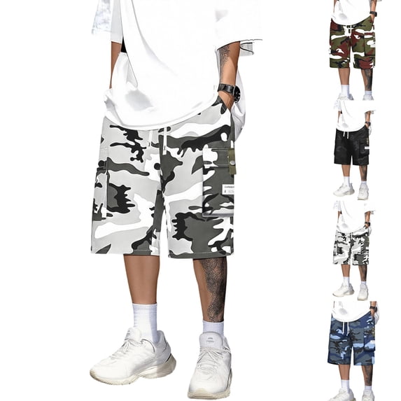 Men's Camo Cargo Shorts with Multi-Pockets - Loose Fit Drawstring Walking Shorts - Mid-Length Casual Work Shorts for Summer Outdoor & Hiking Blue S
