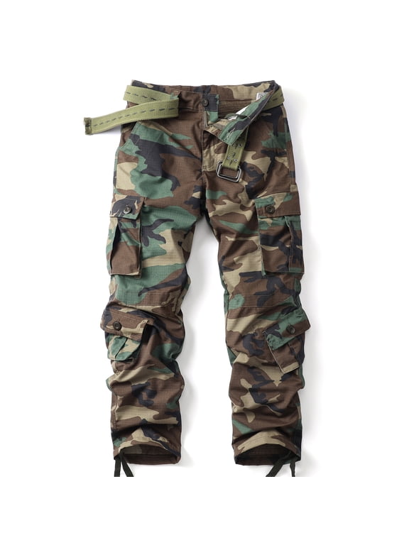 Men's Camo Cargo Work Pants Ripstop Lightweight Outdoor BDU Trousers with 8 Pockets (No Belt)