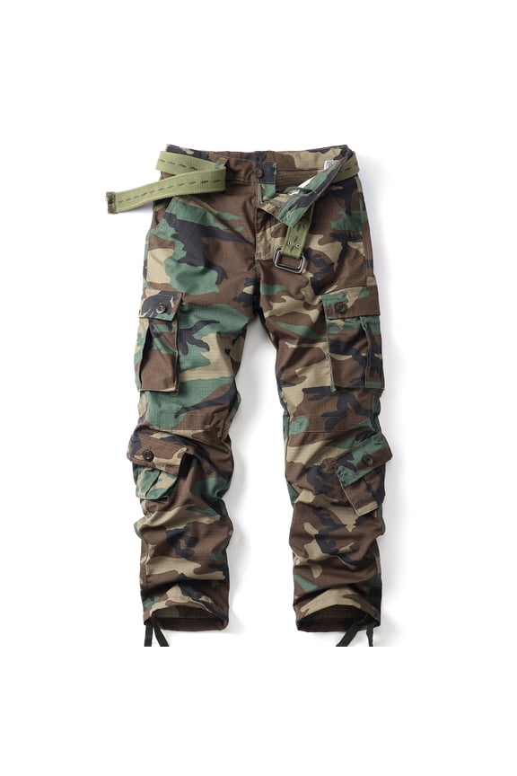 Men's Camo Cargo Work Pants Ripstop Lightweight Outdoor BDU Trousers with 8 Pockets (No Belt)