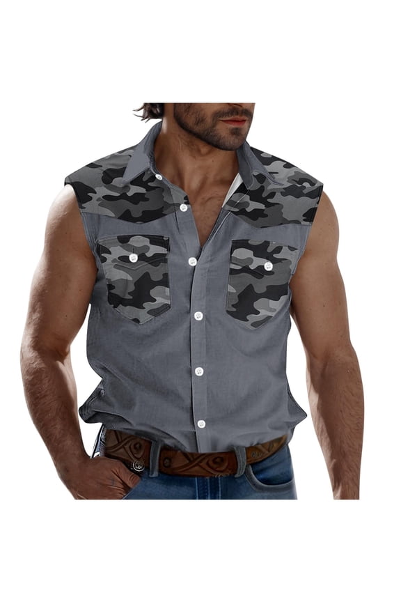 Men's Camo Graphic Sleeveless Shirts Vintage Button Down Hiking Tank Top Basic Shirt Vest with Pockets