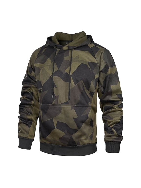 Men's Camo Hoodie Oversized Drawstring Pullovers Long Sleeve Sweatshirt with Pockets Fall Casual Loose Top for Men (Army Green S)