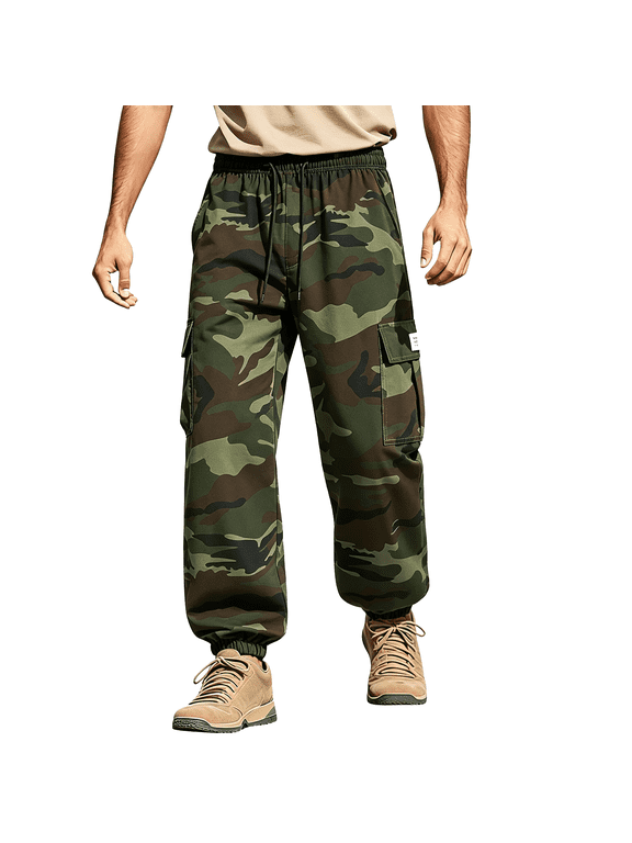 Men's Camo Jogger Pants Military Cargo Pants Leg-Bound Tapered Casual Camouflage Workout Pants with Multi Pockets for Summer Hiking Fishing