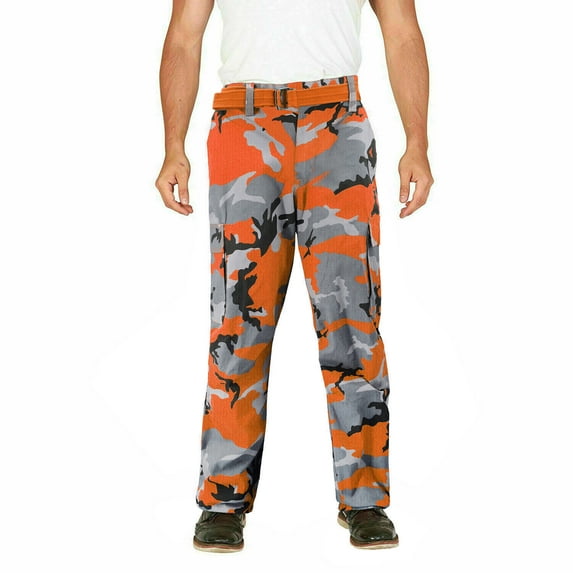 Men's Camo Military Tactical Work Combat Army Slim Fit Twill Cargo Pants (MHLP104 - Orange Camo, 52,30)