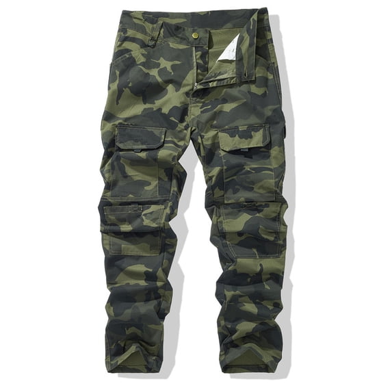 Men's Camo Multi-Pocket Cargo Pants, Ripstop Tactical Camouflage Work Pants Casual Outdoor Hiking Straight Fit Utility Trousers
