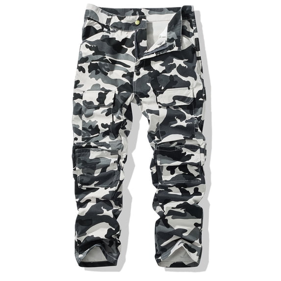 Men's Camo Multi-Pocket Cargo Pants, Ripstop Tactical Camouflage Work Pants Casual Outdoor Hiking Straight Fit Utility Trousers