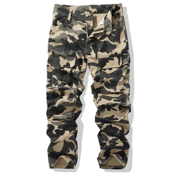 Men's Camo Multi-Pocket Cargo Pants, Ripstop Tactical Camouflage Work Pants Casual Outdoor Hiking Straight Fit Utility Trousers