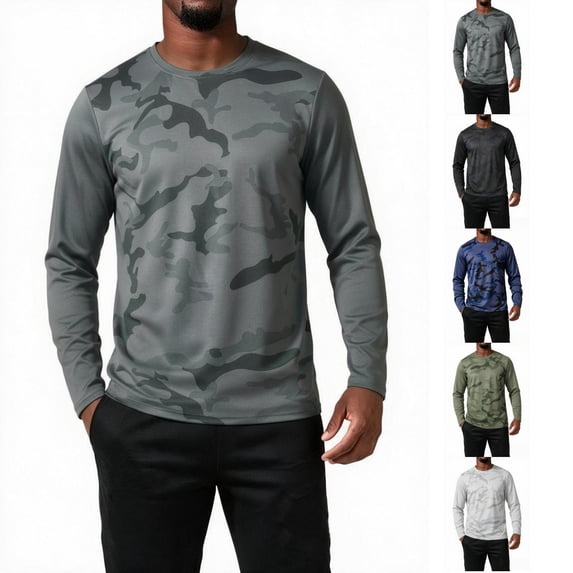 Men's Camo Print Color Block Shirt,Long Sleeve Crew Neck Breathable Quick Dry Clothes, Casual Athletic Fall Daily Top Army Green M