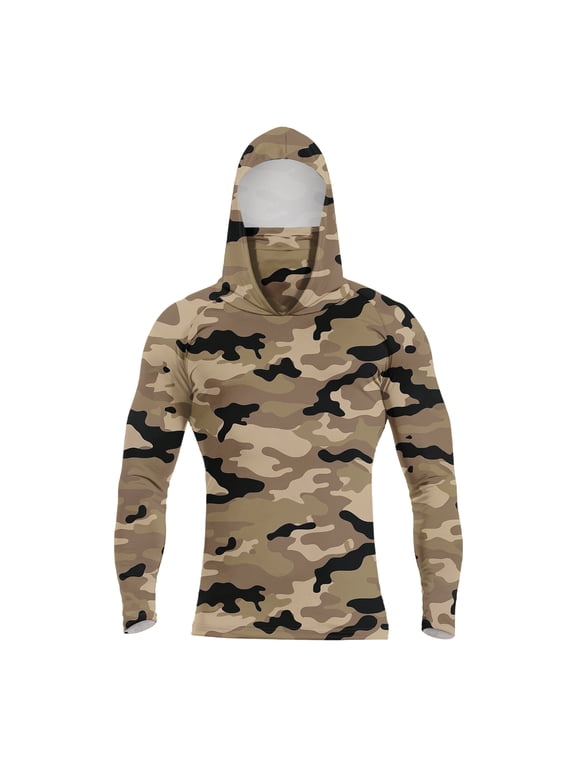 Men's Camo Print Hooded Long Sleeve Sun Shirt with Integrated Face Cover UPF 50+ Quick Dry for Hunting Fishing Hiking Outdoor Tactical Sun Shirts,Complexion,S