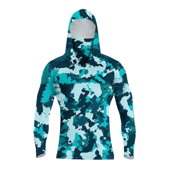 Men's Camo Print Hooded Long Sleeve Sun Shirt with Integrated Face Cover UPF 50+ Quick Dry for Hunting Fishing Hiking Outdoor Tactical Sun Shirts,Cyan,S