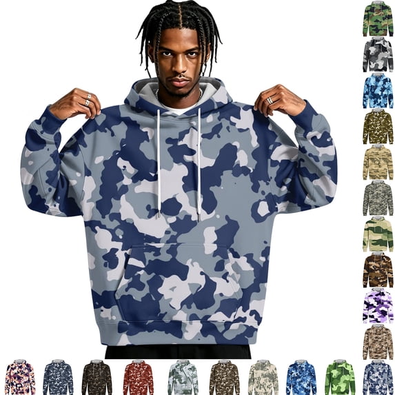 Men's Camo Print Pullover Hoodie,Drawstring Hooded Long Sleeve Casual Sweatshirt,Loose Streetwear Top with Pockets Dark Green S