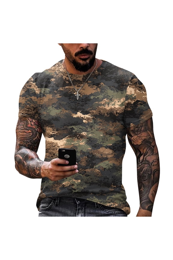 Men's Camo Print Round Neck Short Sleeve T-Shirt, Fashion Casual Summer Top, Soft, Breathable, Lightweight,Gray,XL