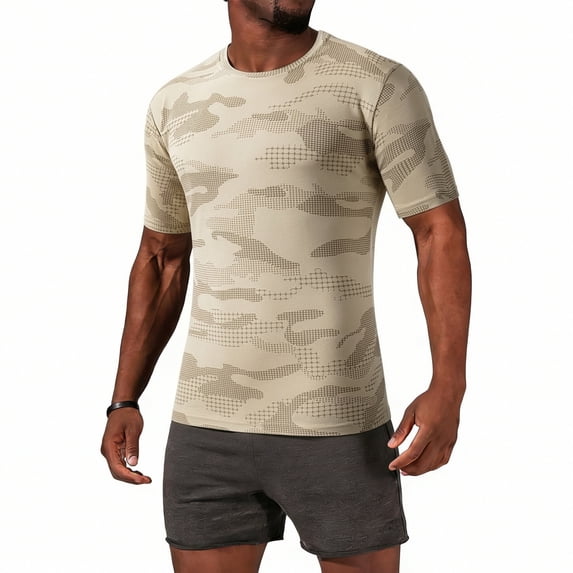 Men's Camo Print Short Sleeve Fitness T-Shirt, Casual Sports Crewneck Top for Training Khaki 3XL