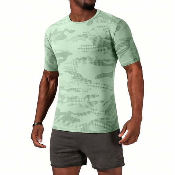 Men's Camo Print Short Sleeve Fitness T-Shirt, Casual Sports Crewneck Top for Training Light Green M
