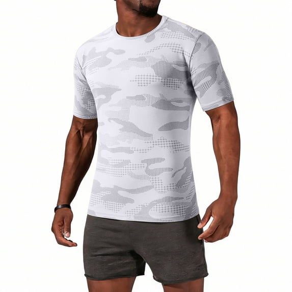 Men's Camo Print Short Sleeve Fitness T-Shirt, Casual Sports Crewneck Top for Training White L