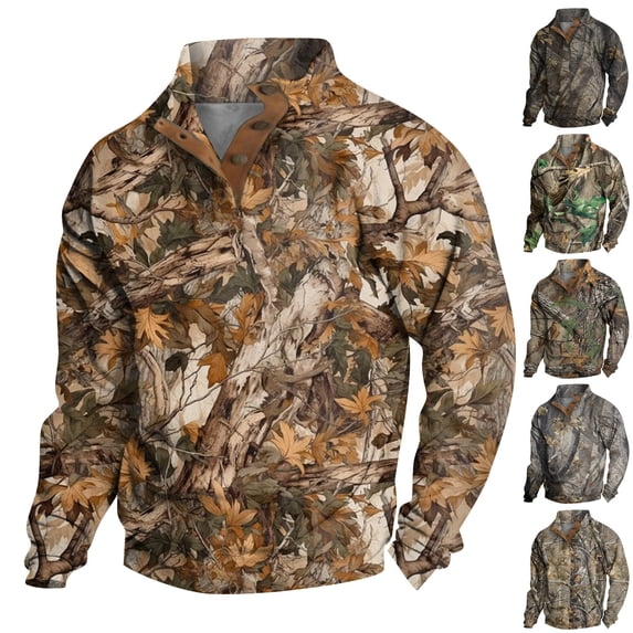 Men's Camo Print Stand Collar Sweatshirt, Spring Fall Outdoor Casual Button Front Pullover for Hiking, Sports,Black,L