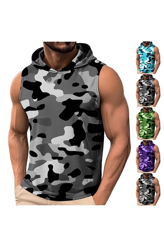 Men's Camo Print Tank Tops Casual Athletic Hooded Sleeveless Shirts Workout Gym Hoodies Fashion Outdoor Streetwear Tops Green M