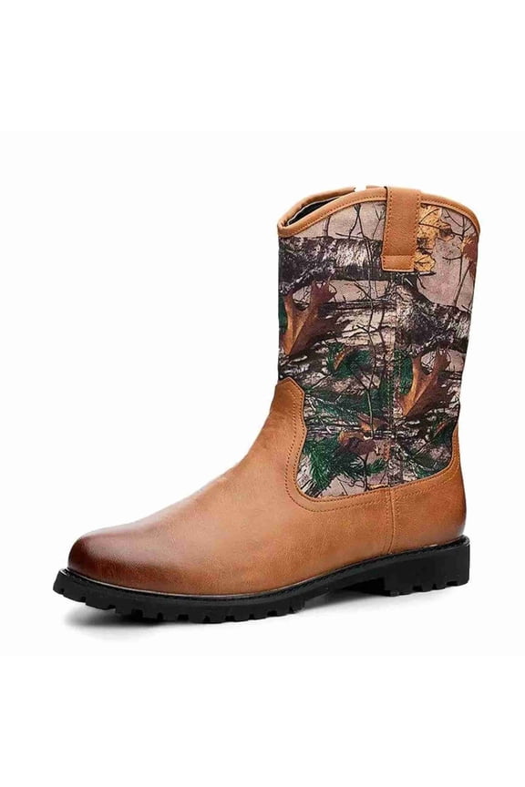 Men's Camo Print Western Cowboy Boots with Rugged Sole & Pull-On Design Mid-Calf Slip-Resistant Outdoor Boots