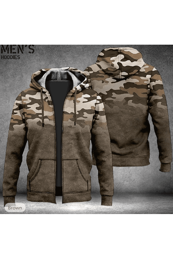 Men's Camo Sherpa Lined Hooded Jacket Vintage Full Zip Fleece Insulated Winter Warm Coat Outdoor Camouflage Hunting Outerwear with Multi Pockets