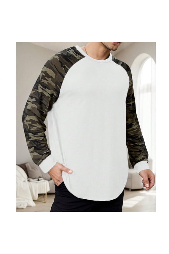 Men's Camo - Sleeve Raglan Shirt: Olive Green, Curved Hem for Casual & Streetwear