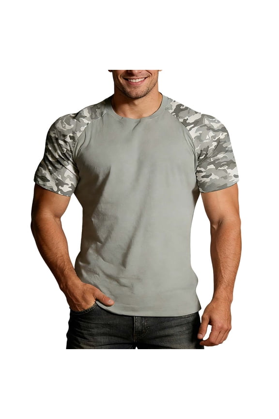 Men's Camo T Shirt Drop Shoulder Shirts Short Sleeve Fishing Camouflage Shirt Light Gray L