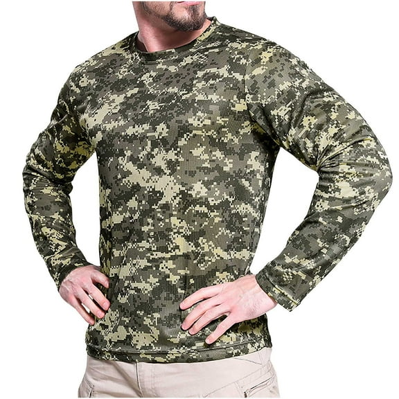 Men's Camo TShirt Crewneck Hunting Camo Performance Long Sleeve TShirt Blouse Fishing UPF50+ Quick Dry Long Sleeve UV T Shirts Lightweight Moisture Wicking Athletic Hiking Tee Tops Army Green