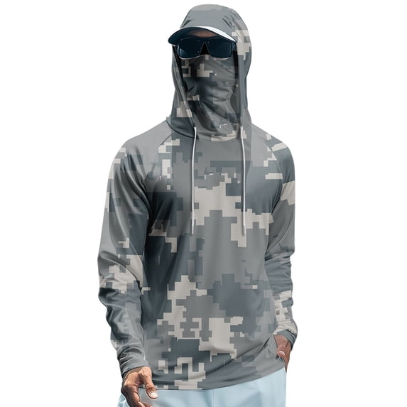 Men’s Camo UPF 50+ Sun Hoodie, Moisture-Wicking Performance Fishing Shirt with Built-in Mask Gray L