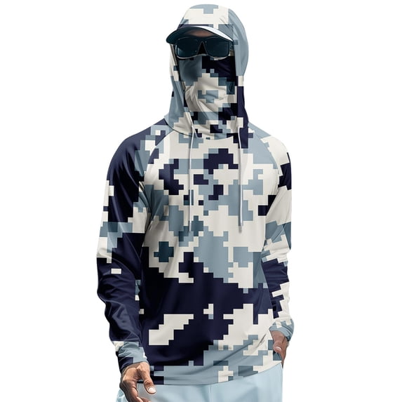 Men’s Camo UPF 50+ Sun Hoodie, Moisture-Wicking Performance Fishing Shirt with Built-in Mask White 2XL