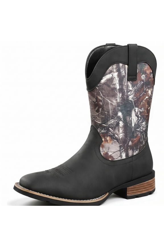 Men's Camo Western Cowboy Mid Calf Boots - Pull On Pointed Toe Outdoor Hunting Boots with Stacked Heel & Square Toe