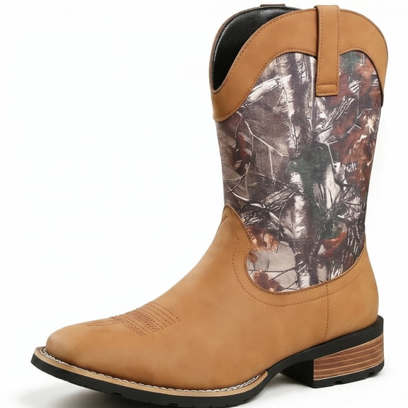 Men's Camo Western Cowboy Mid Calf Boots - Pull On Pointed Toe Outdoor Hunting Boots with Stacked Heel & Square Toe