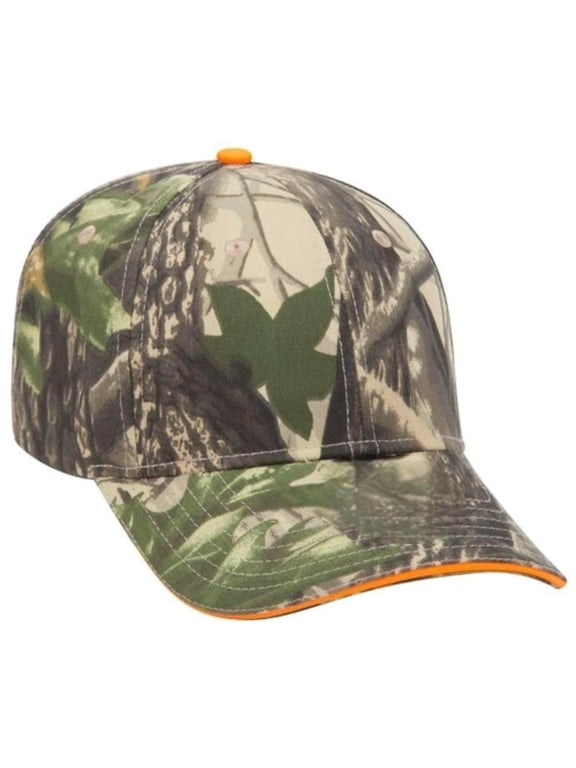 Men’s Camouflage 6 Panel Adjustable Low Profile Baseball Cap, Khaki/Black/Dark Green w/ Orange Trim