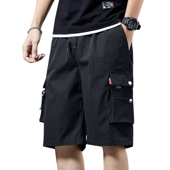 Men's Camouflage Casual Cargo Shorts, Loose-Fit Knee-Length Outdoor Shorts with Lace-Up Detail & Multi-Pocket Design ,Black L