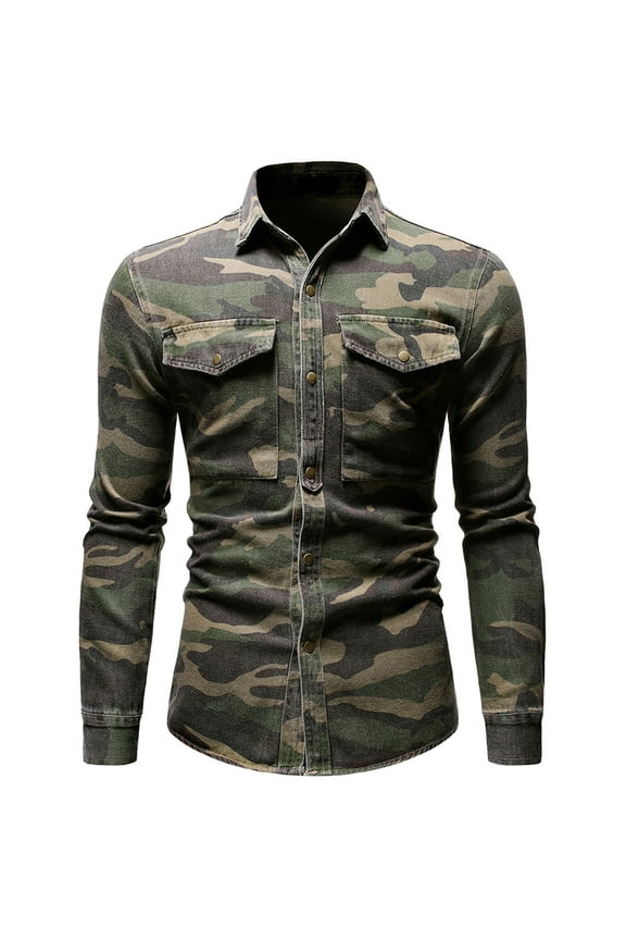 Men's Camouflage Denim Shirt Camo Washed Military Long Sleeve Shirts Button Down Cargo Shirt Tops Outdoor Lapel Men's Shirts