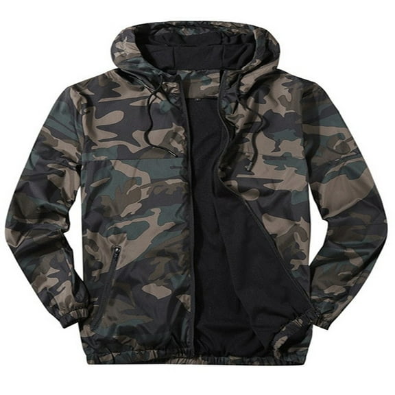 Men's Camouflage Hooded Windbreaker Mesh Breathable Zip-Up Pockets Jacket Casual Sport Fleece Lined Winter Spring Coat