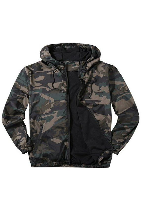 Men's Camouflage Hooded Windbreaker Mesh Breathable Zip-Up Pockets Jacket Casual Sport Fleece Lined Winter Spring Coat