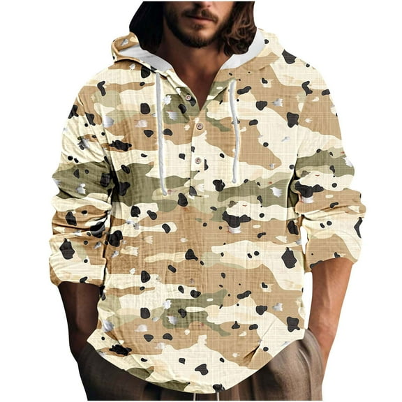 Men's Camouflage Hoodie Shirt Button Up Lightweight Pullover Long Sleeve Blouse Athletic Fishing Outdoor