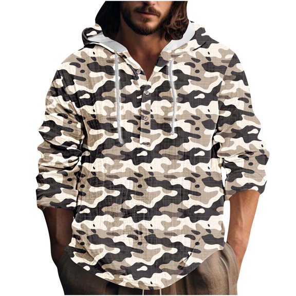 Men's Camouflage Hoodie Shirt Button Up Lightweight Pullover Long Sleeve Blouse Athletic Fishing Outdoor