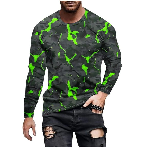 Men's Camouflage Long Sleeve Print Crewneck Casual Printed Tee Shirts