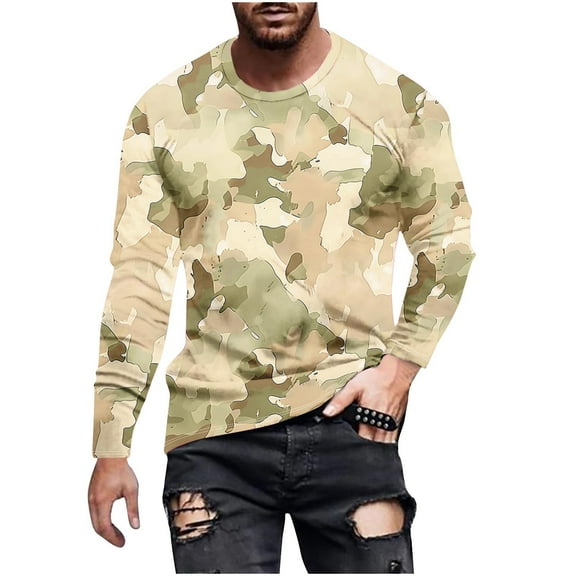 Men's Camouflage Long Sleeve Print Crewneck Casual Printed Tee Shirts