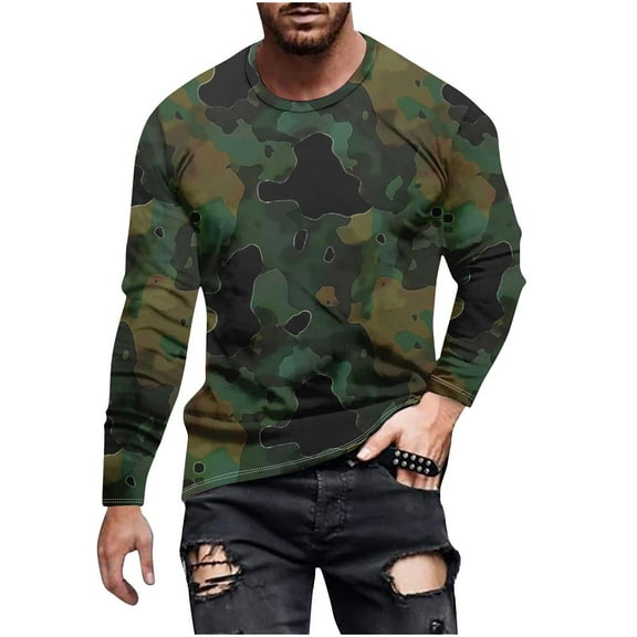 Men's Camouflage Long Sleeve Print Crewneck Casual Printed Tee Shirts