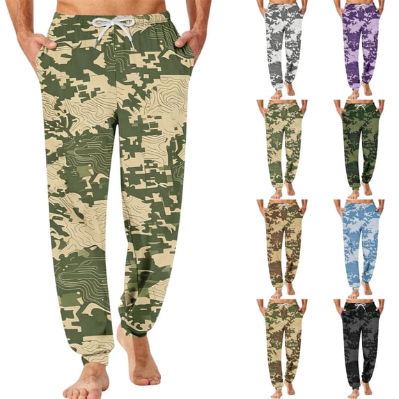 Men's Camouflage Pajama Pants with Pockets & Drawstring - Cuffed Jogger Sleep Bottoms for Men, Elastic Waist Soft Lightweight Lounge Homewear Army Green L