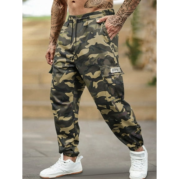 Men's Camouflage Pants Casual Military Army Combat Cargo Pants Leg-Bound Tapered Pants Multi-Pocket Drawstring Waist