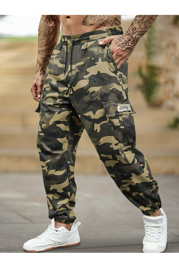 Men's Camouflage Pants Casual Military Army Combat Cargo Pants Leg-Bound Tapered Pants Multi-Pocket Drawstring Waist