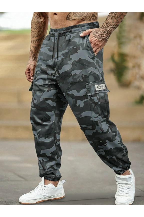 Men's Camouflage Pants Casual Military Army Combat Cargo Pants Leg-Bound Tapered Pants Multi-Pocket Drawstring Waist