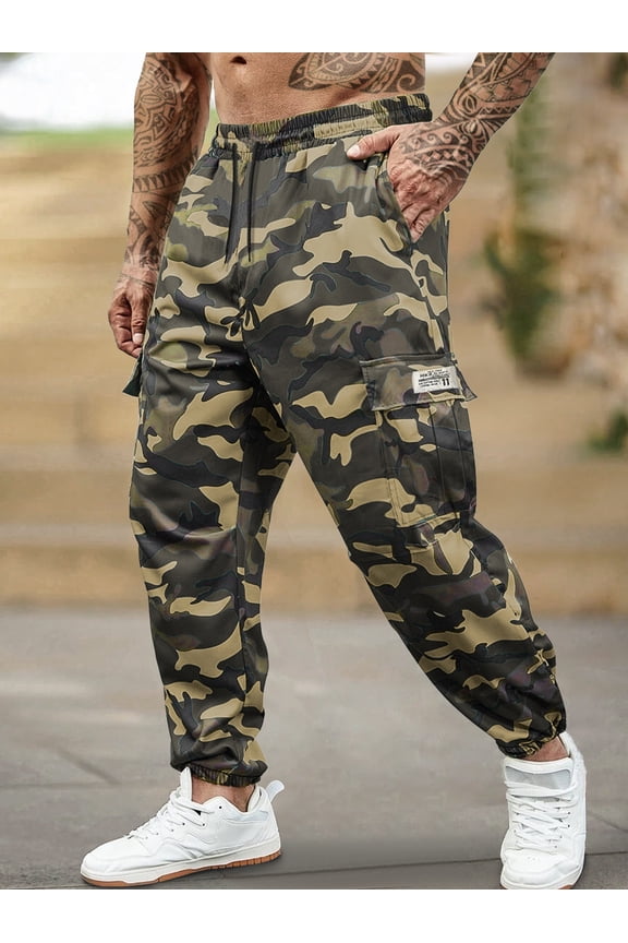 Men's Camouflage Pants Casual Military Army Combat Cargo Pants Leg-Bound Tapered Pants Multi-Pocket Drawstring Waist
