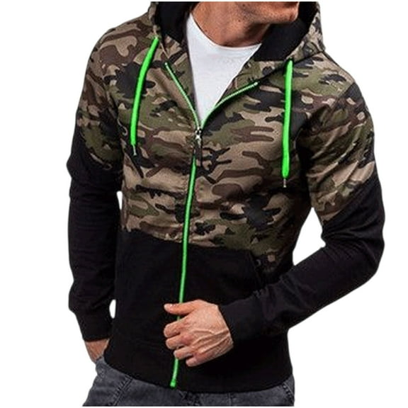 Men's Camouflage Patchwork Zip Up Hoodies Casual Long Sleeve Hooded Sweatshirt Jacket with Pockets